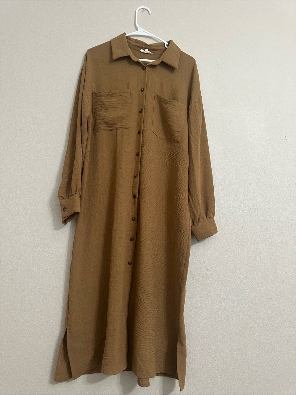 easel Button-Front Maxi Shirt Dress in Camel Brown